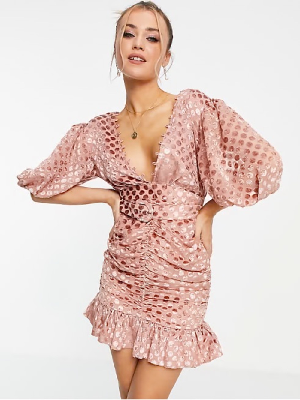 ASOS Metallic Polka-Dot Dusty Rose Plunge Mini Dress